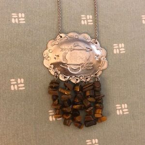 Boho silver necklace w/ tigers eye gemstone fringe